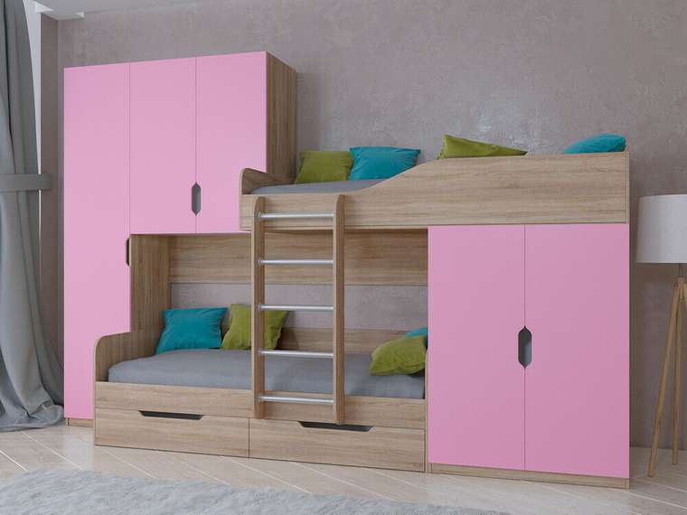 Двухъярусная кровать Лео 80х190 цвета Дуб Сонома-розовый