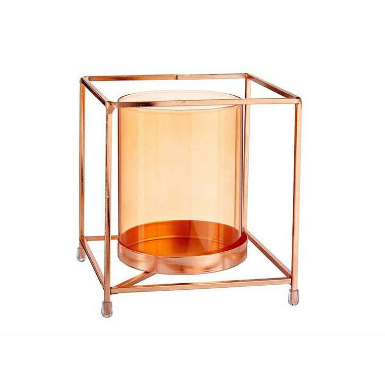 Подсвечник Квадратный Медь Янтарь 14 x 15,5 x 14 cm Позолоченный Металл Cтекло