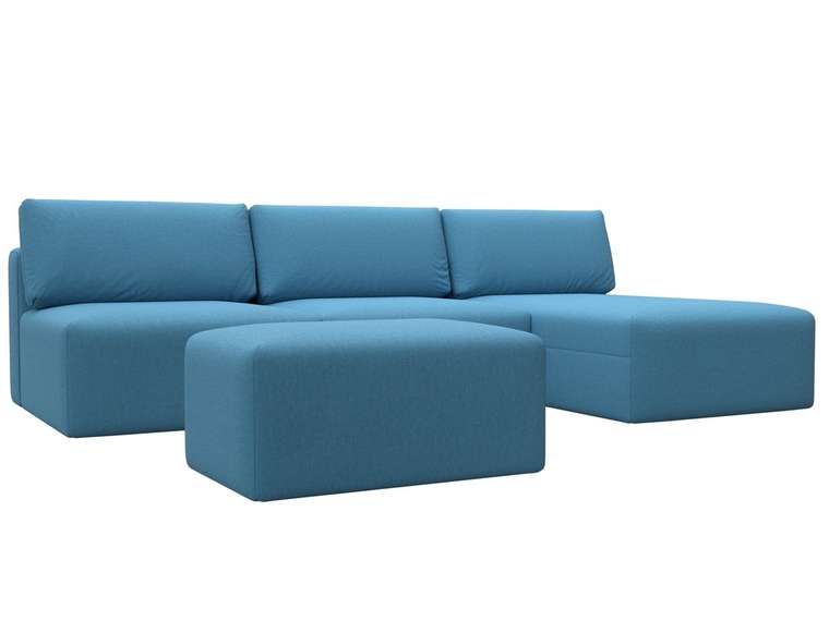 Угловой модульный диван-кровать с пуфом Лига-060 Лонг голубого цвета