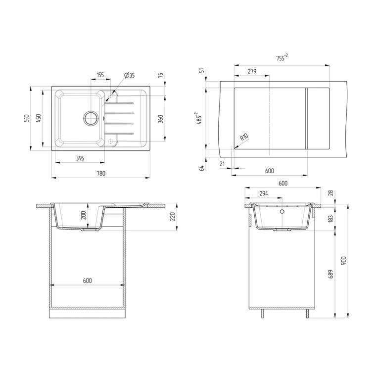 Кухонная мойка Ulgran Quartz Gerda 780-04, платина