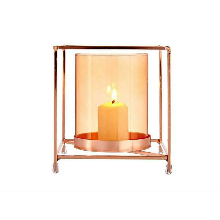 Подсвечник Квадратный Медь Янтарь 14 x 15,5 x 14 cm Позолоченный Металл Cтекло