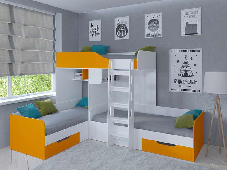 Двухъярусная кровать Трио 80х190 бело-оранжевого цвета