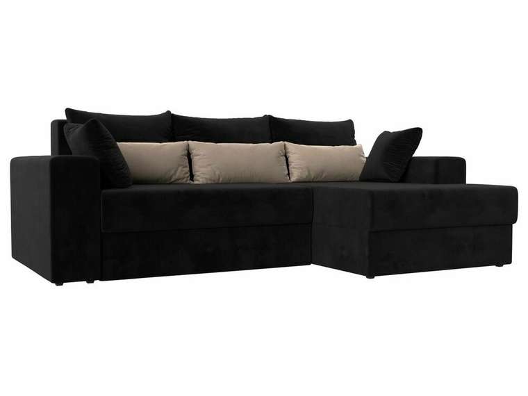 Угловой диван-кровать Майами черного цвета с бежевыми подушками правый угол