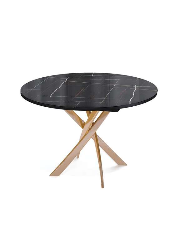 Стол раздвижной обеденный черно-золотого цвета с каменной столешницей цвета черный глянец