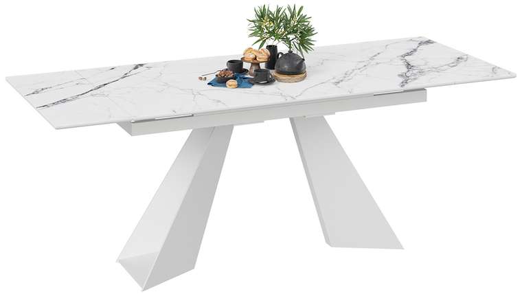 Стол обеденный Гермес цвет Белый муар/Стекло глянцевое белый мрамор