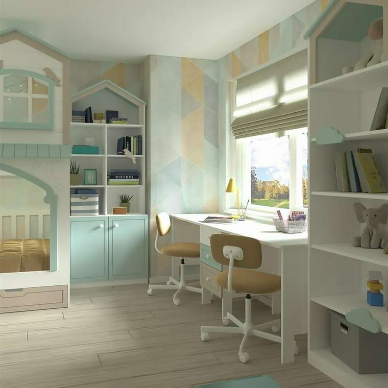 Книжный шкаф Кошкин дом бело-голубого цвета с дверцами