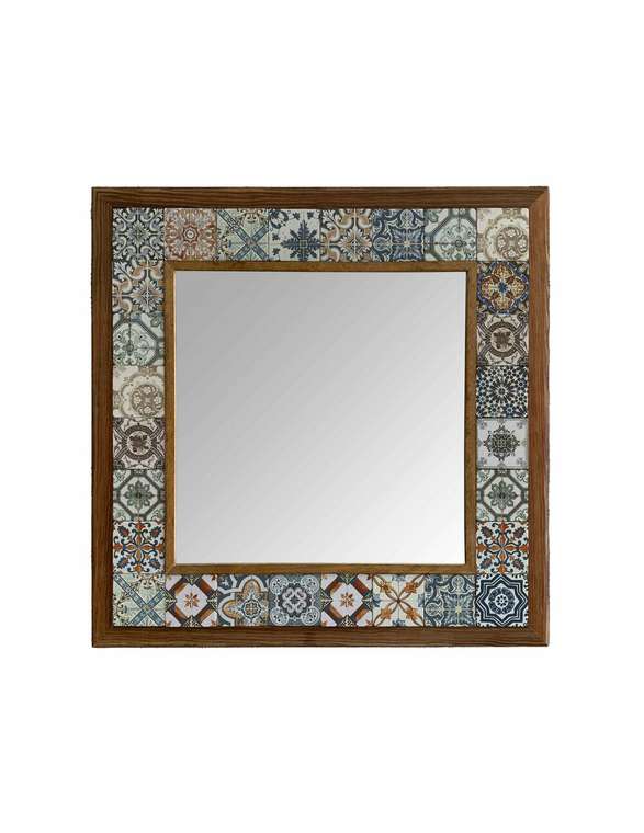 Настенное зеркало с каменной мозаикой 43x43 в раме коричневого цвета