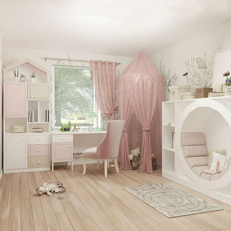 Письменный стол для двоих Кошкин дом бело-розового цвета