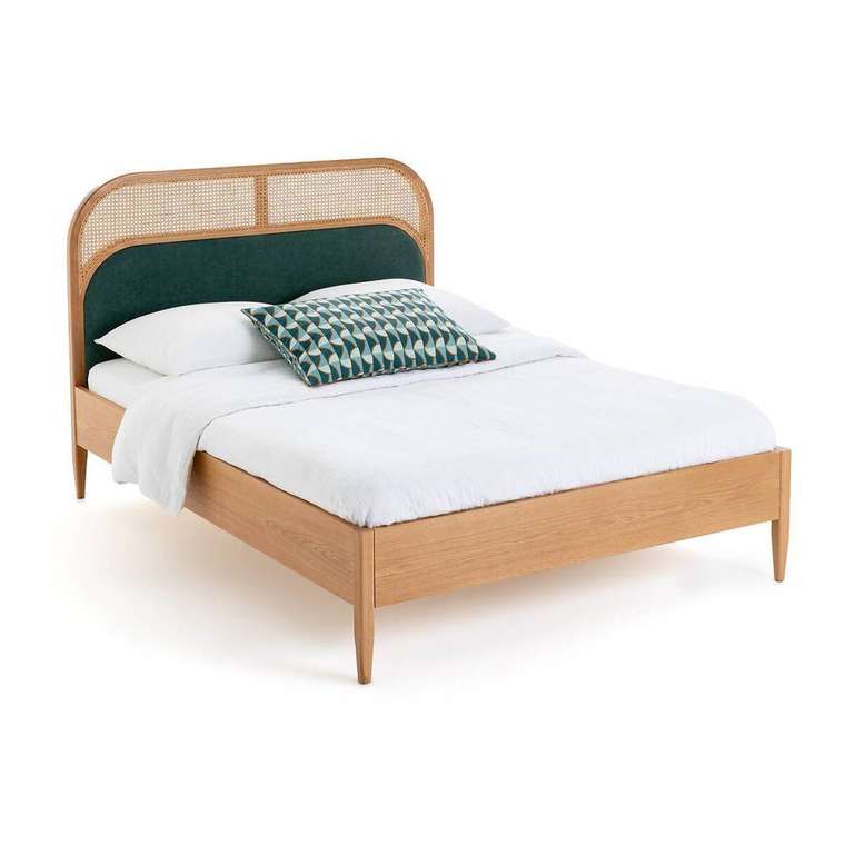 Кровать из плетеного материала и велюра с кроватным основанием Buisseau 160х200 бежевого цвета