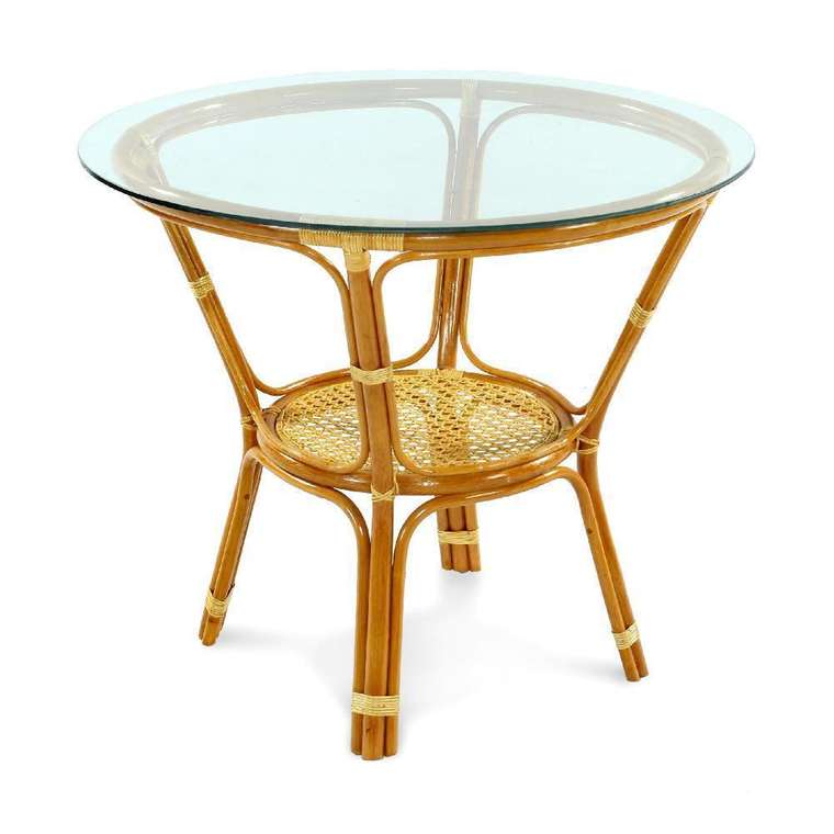 Стол обеденный Ellena из натурального ротанга с круглой стеклянной столешницей 