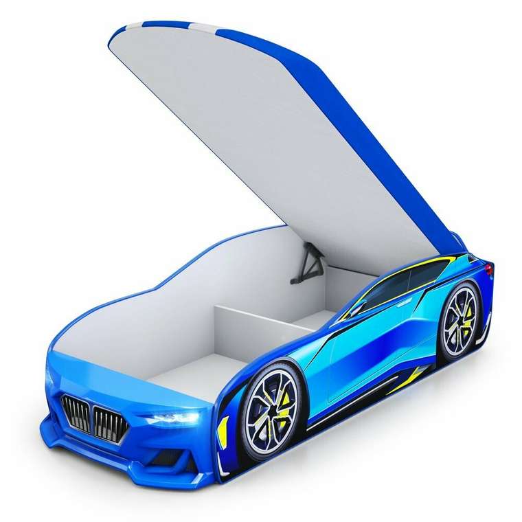 Кровать-машина Boxter-New 70х170 голубого цвета с подсветкой фар 