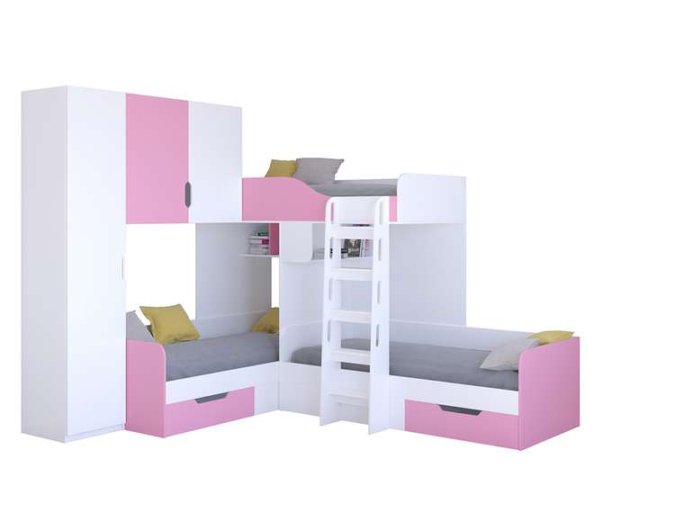 Двухъярусная кровать Трио 1 80х190 бело-розового цвета