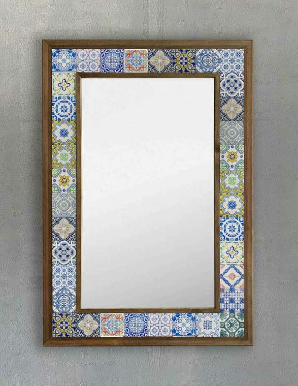 Настенное зеркало с каменной мозаикой 43x63 сине-бежевого цвета