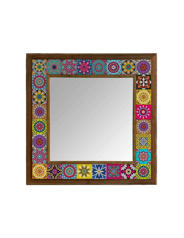 Настенное зеркало 43x43 с каменной мозаикой желто-розового цвета