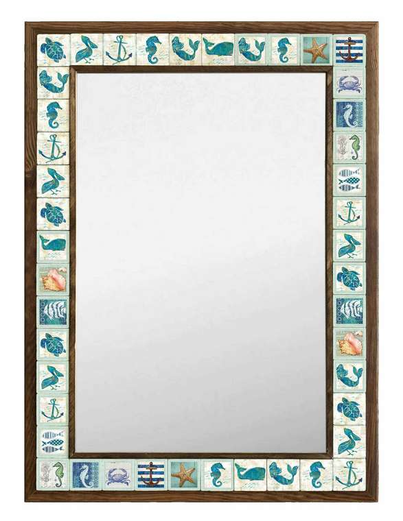 Настенное зеркало 53x73 с каменной мозаикой бело-голубого цвета
