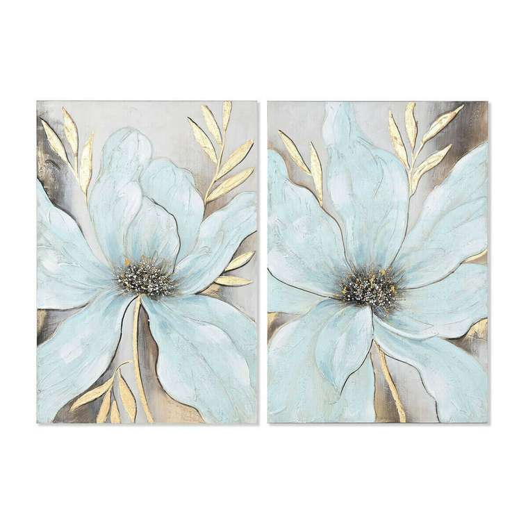 Картина Синий Позолоченный Полотно Деревянный MDF Цветок Shabby Chic 60 x 3 x 90 cm (2 штук)