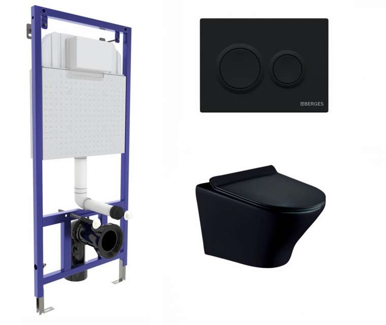 Комплект 3 в 1 инсталляция Berges Novum O5 + Унитаз подвесной Esbano Aster ESUPASTEBM черный с кнопкой черной