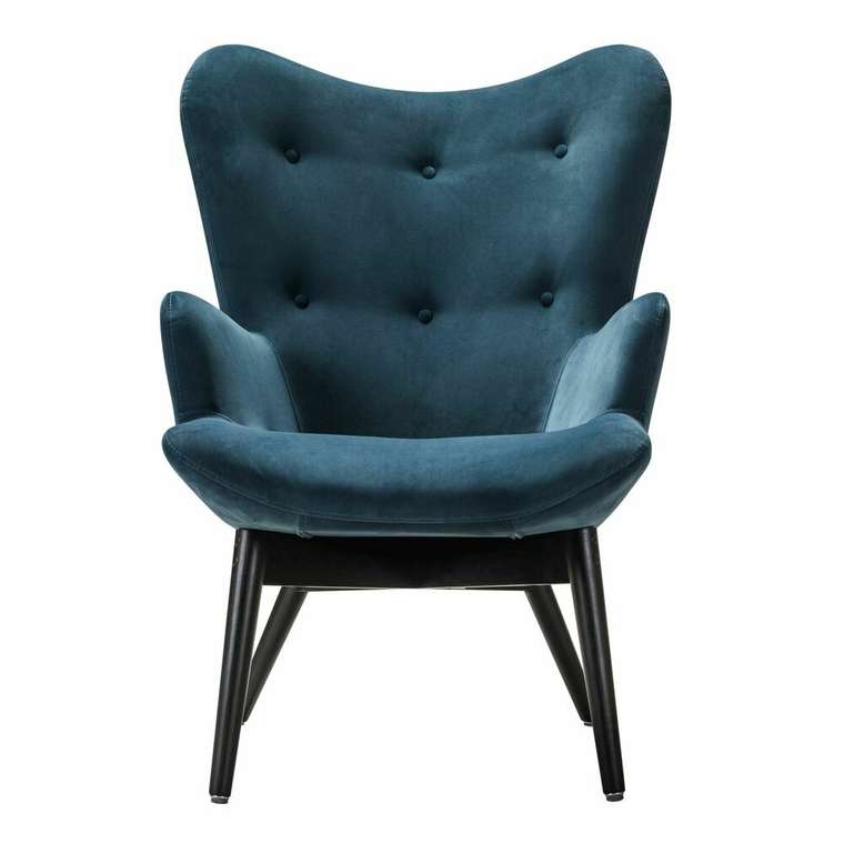 Кресло Хайбэк синего цвета с ножками венге