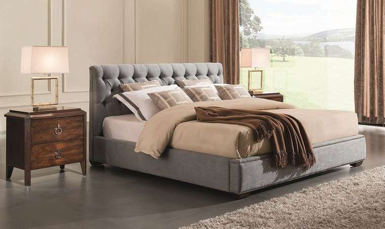Кровать с решеткой FRATELLI BARRI "MESTRE" серо-голубая рогожка 160х200 см