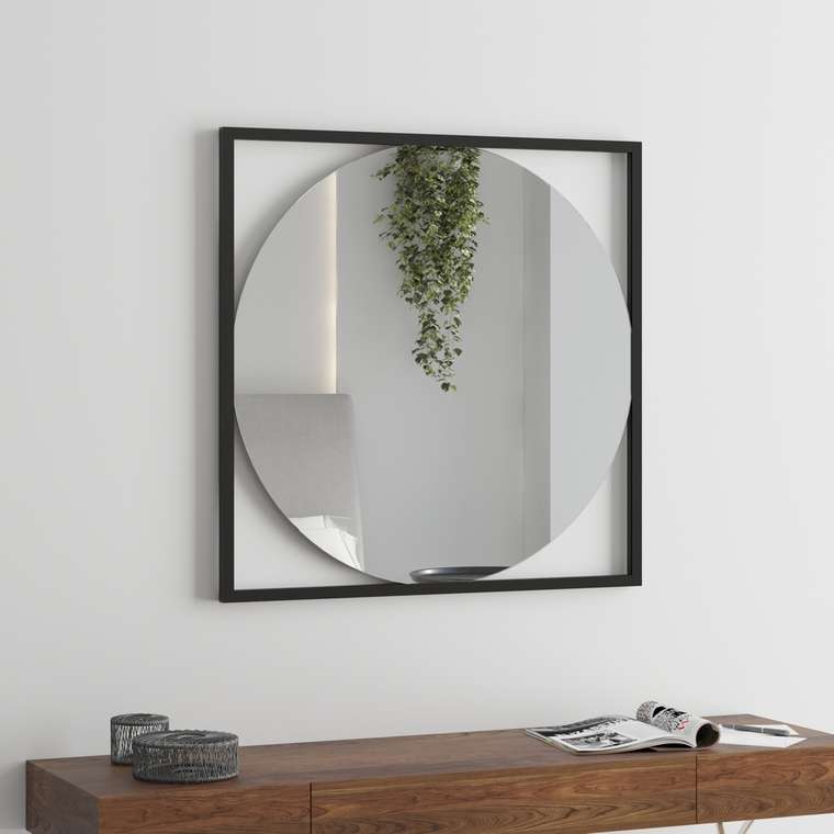 Парящее настенное зеркало Cube 80х80 в алюминиевой раме черного цвета 