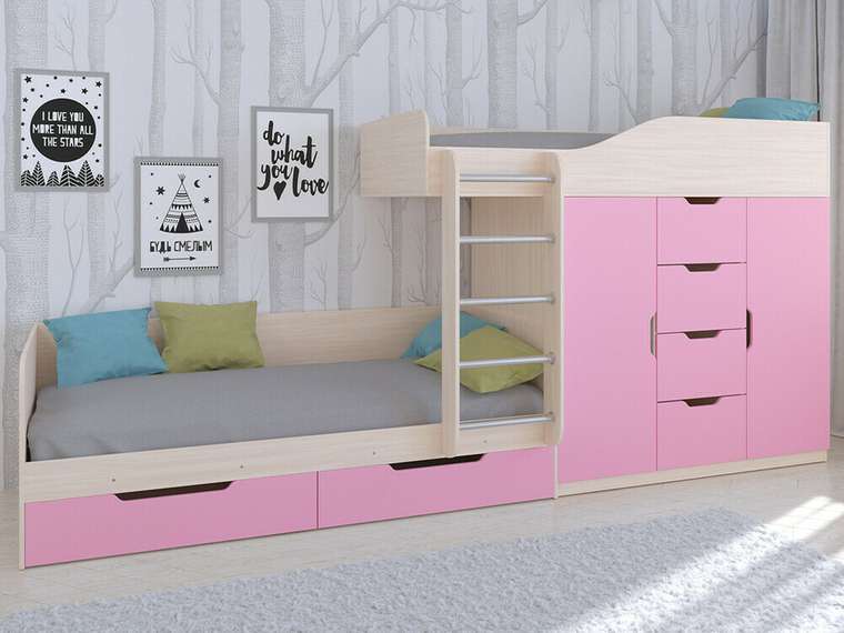 Двухъярусная кровать Астра 6 80х190 цвета Дуб молочный-розовый