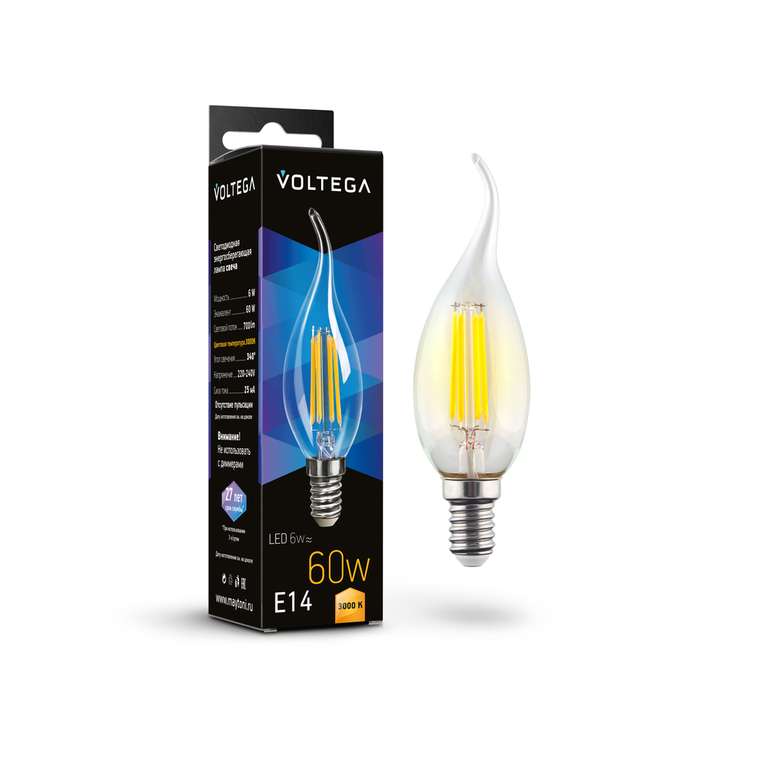 Лампочка Voltega 7209 Candle wind 6W Crystal