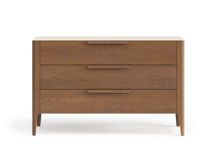 Комод Piega 3 в цвете дуб каштановый матовый со столешницей в отделке супер-матовый бисквитный ХДФ