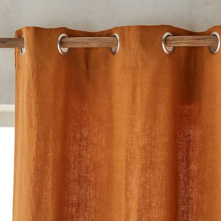 Штора из стираного льна на подкладке с люверсами Private 140x350 бежево-оранжевого цвета