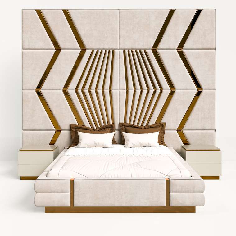 Кровать Fuimine 160х200 светло-бежевого цвета с золотыми молдингами и подъемным механизмом