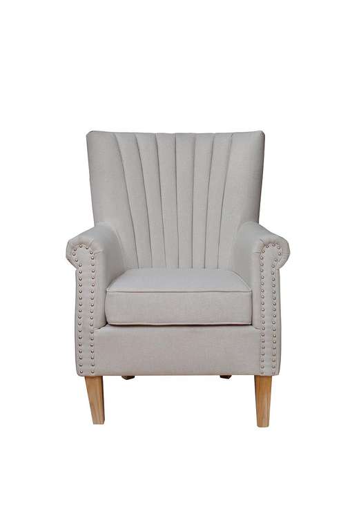Кресло серое мягкое из ткани серого цвета и натурального дерева