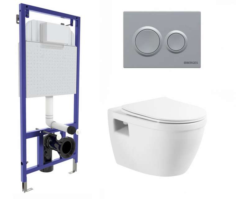 Комплект 3 в 1 инсталляция Berges Novum O2 + Унитаз подвесной BelBagno Loto BB070CHR/SC с кнопкой матовой хром