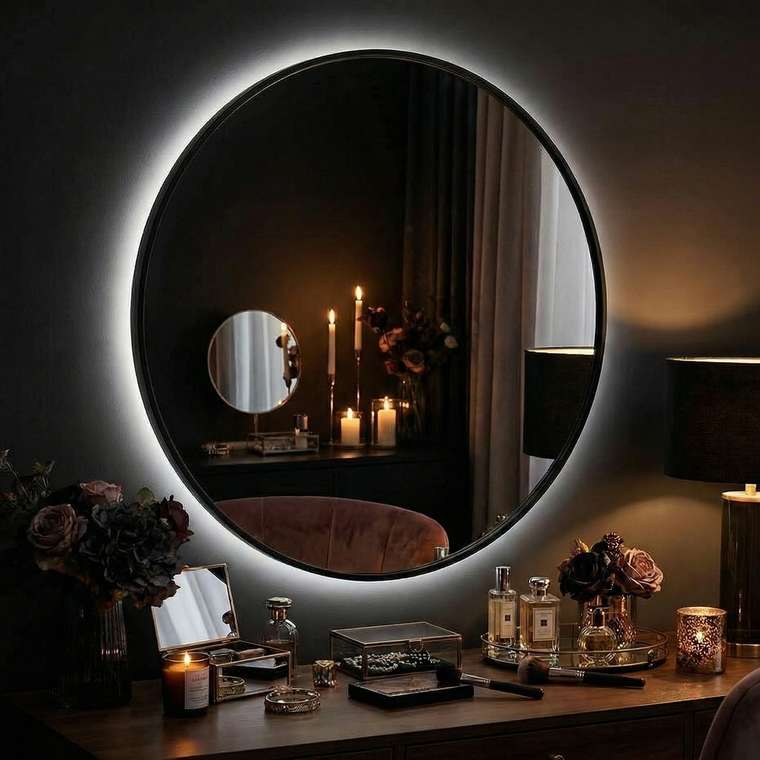 Настенное зеркало Ala L D70 в раме черного цвета с подсветкой