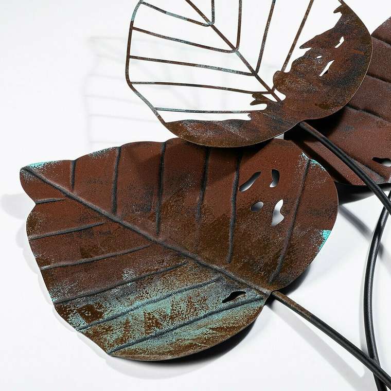 Настенный декор ручной работы Листья 45х85 из металла коричнево-голубого цвета