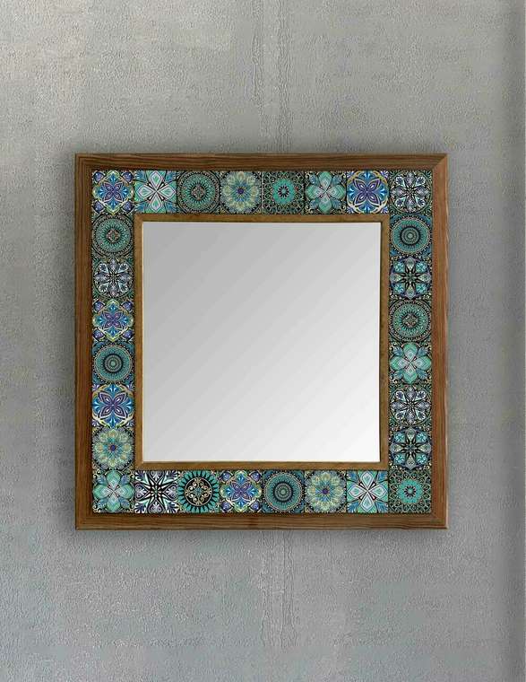 Настенное зеркало с каменной мозаикой 43x43 бирюзово-голубого цвета