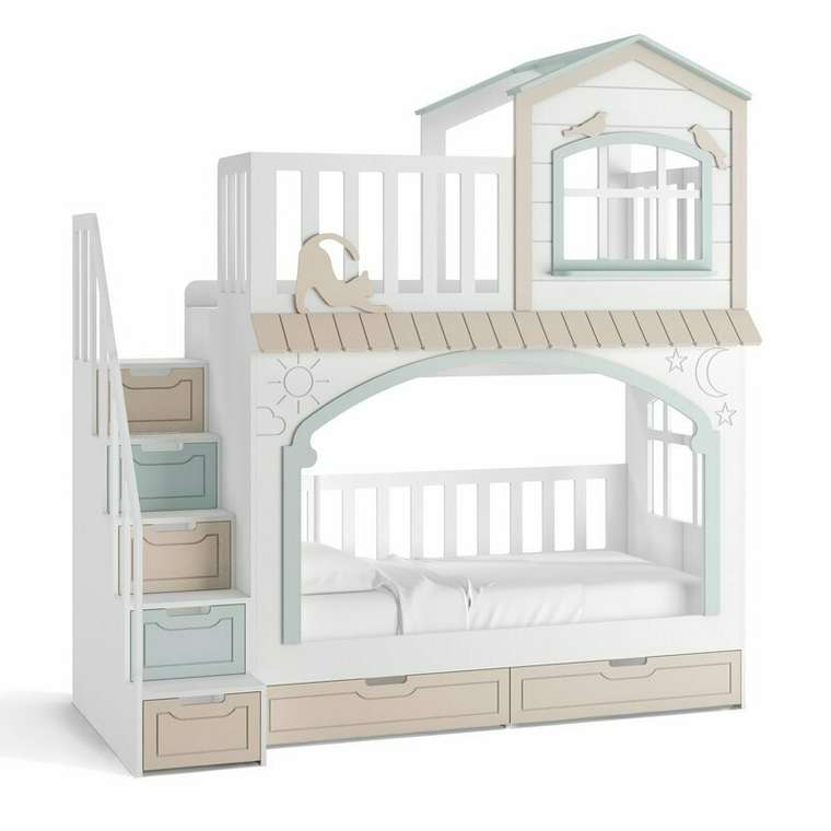 Кровать Кошкин дом 90х180 бело-голубого цвета с лестницей слева