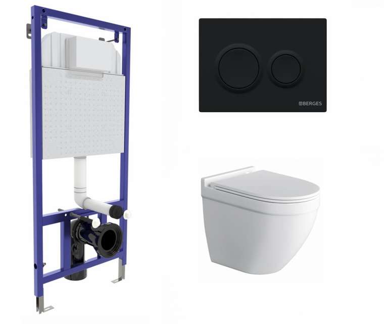 Комплект 3 в 1 инсталляция Berges Novum O5 + Унитаз подвесной Owl 1975 Cirkel-H с кнопкой черной