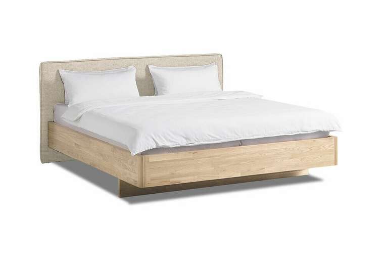 Кровать Норд 140x200 цвета белёный дуб с изголовьем кремового цвета без основания