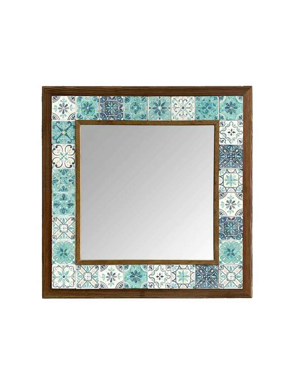 Настенное зеркало 43x43 с каменной мозаикой бело-бирюзового цвета