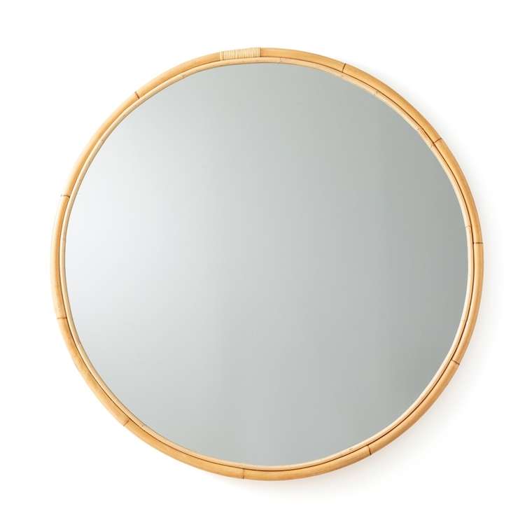 Настенное зеркало Nogu D120 в раме из ротанга бежевого цвета