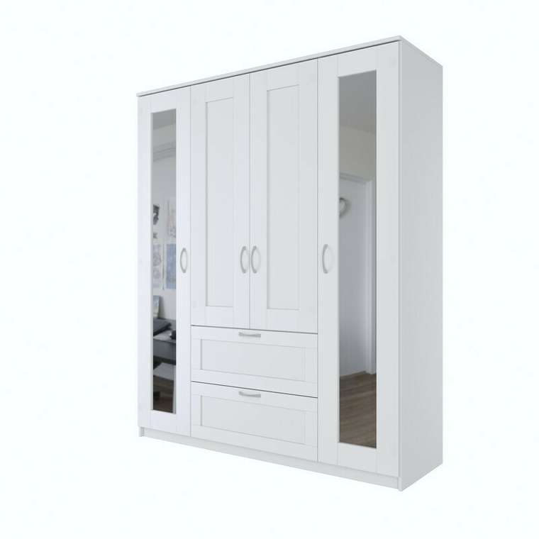 Шкаф четырехдверный с выдвижным ящиком и двумя зеркалами Сириус белого цвета
