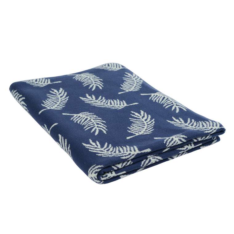 Плед вязаный Wild с авторским принтом Fleshy Leaves синего цвета 130х180