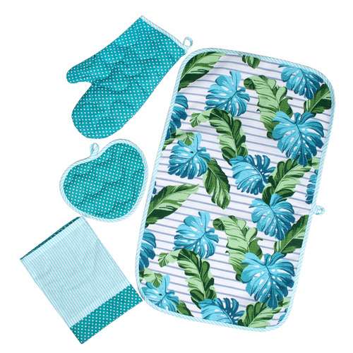 Набор для кухни 'Весеннее ретро' 4 предмета (Рукавичка 30х17, прихватка-сердце 16х20, фартук 55х70, полотенце с окантовкой 35х60), 100% хлопок, 'Бирюзовый'