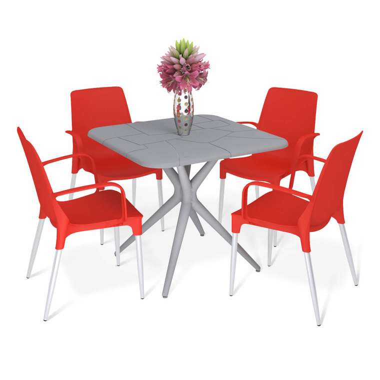 Обеденная группа из стола и четырех стульев красного цвета