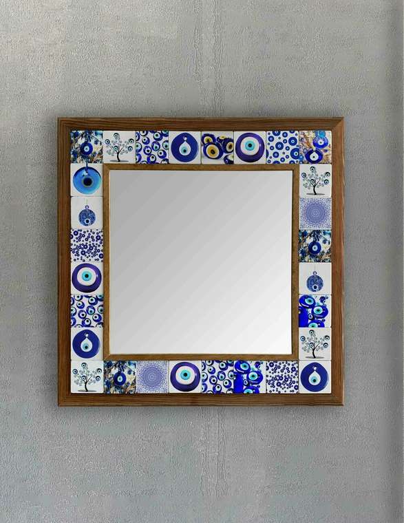 Настенное зеркало с каменной мозаикой 43x43 бело-синего цвета 