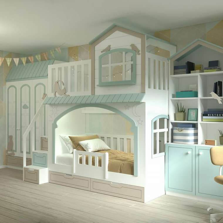 Детская кровать Кошкин дом 80х160 бело-голубого цвета