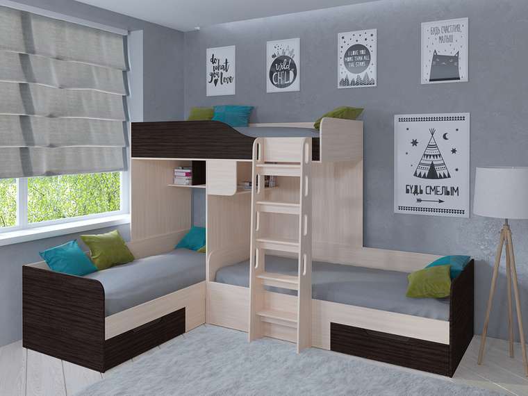 Двухъярусная кровать Трио 80х190 цвета Дуб молочный-Венге