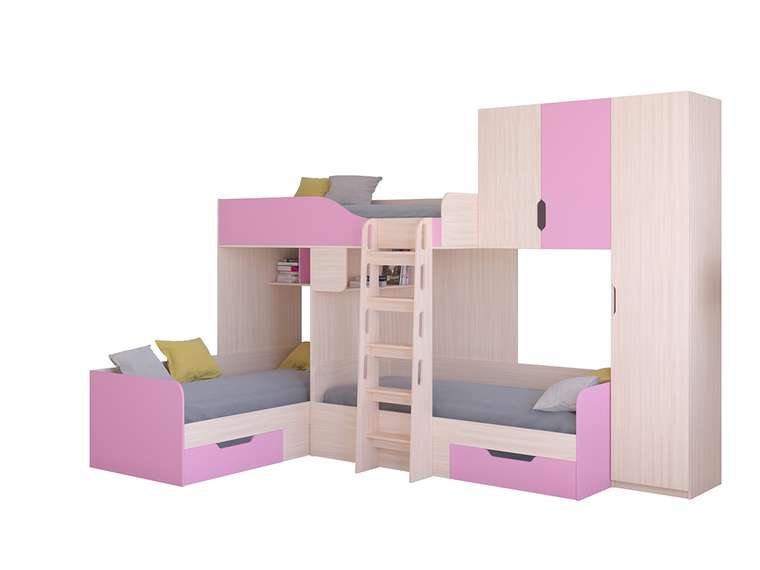 Двухъярусная кровать Трио 2 80х190 цвета Дуб молочный-розовый