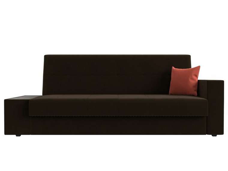 Диван-кровать Лига 020 темно-коричневого цвета с коралловой подушкой и столом слева