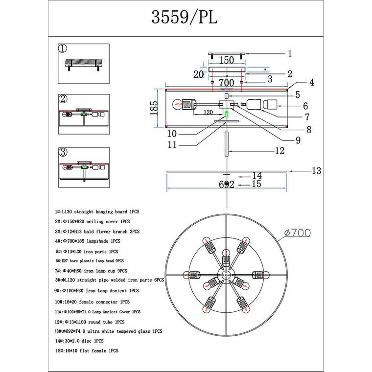 Светильник потолочный Newport 3550 3559/PL nickel