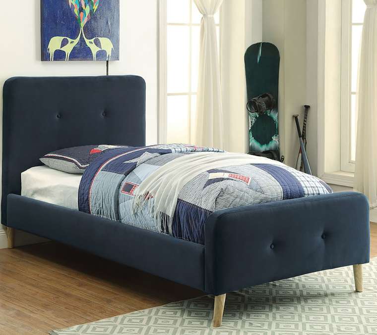 Кровать Button Tufted Flannelette Navy синего цвета 90х200